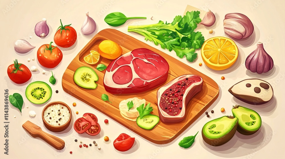 A vibrant display of fresh ingredients, featuring various meats, vegetables, and spices on a wooden board. A vibrant display of fresh ingredients, featuring various meats, vegetables, and spices on a wooden board.