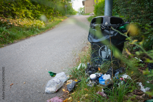 Cluttered litter lying beside garbage bin near footpath photo