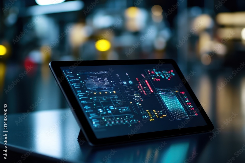 High-definition shot of a tablet displaying a digital blueprint with intricate designs and vibrant colors. High-definition shot of a tablet displaying a digital blueprint with intricate designs and vibrant colors.