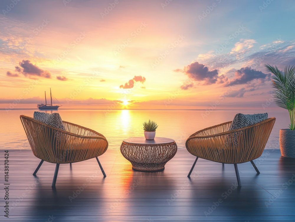 Obraz premium Tranquil Sunset Serenity Seaside Relaxation at Golden Hour