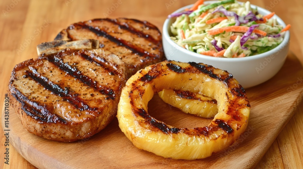 Grilled Pork Chops with Caramelized Pineapple Ring and Fresh Coleslaw on a Wooden Cutting Board, Perfect for Summer Barbecues and Outdoor Dining Grilled Pork Chops with Caramelized Pineapple Ring and Fresh Coleslaw on a Wooden Cutting Board, Perfect for Summer Barbecues and Outdoor Dining