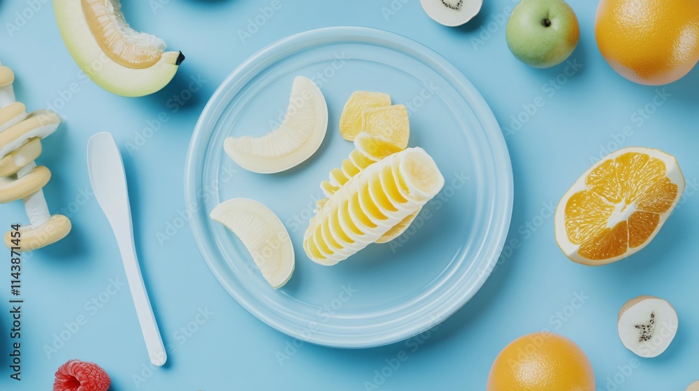 Vibrant arrangement of sliced fruits on a blue background, featuring oranges, melons, and playful fitness elements. Vibrant arrangement of sliced fruits on a blue background, featuring oranges, melons, and playful fitness elements.
