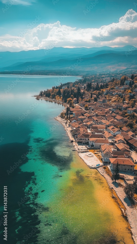 Fototapeta premium Stunning aerial view capturing the beauty of Lake Ohrid in Macedonia with vibrant waters and picturesque coastal village