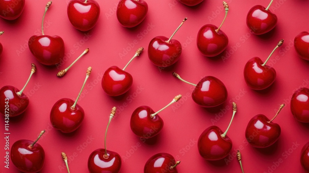 Red cherries arranged in a repeating pattern on a red background. Red cherries arranged in a repeating pattern on a red background.