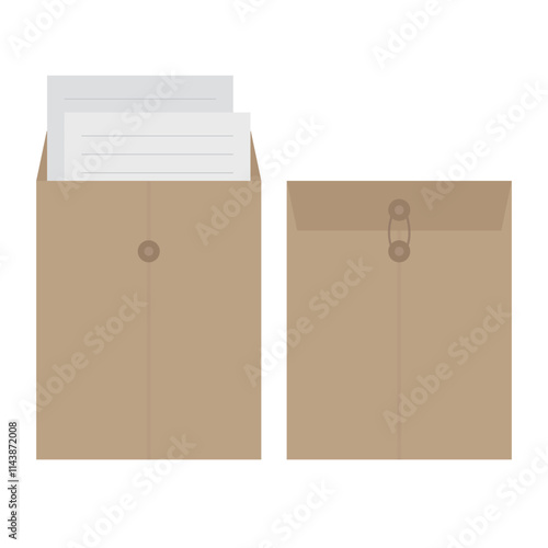 Brown envelope with string vector illustration on white background. Envelopes are office supplies or organizational documents.
