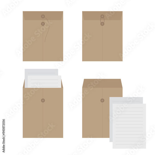 Brown envelope with string vector illustration on white background. Envelopes are office supplies or organizational documents.
