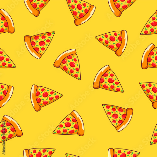 Pizza seamless pattern on yellow background. Pizza slice with topping motif. Vector illustration