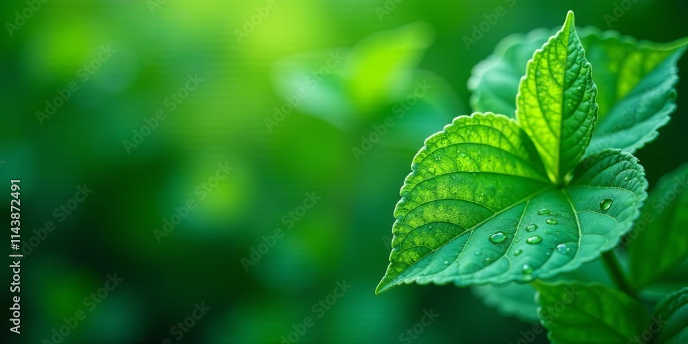 Vibrant Green Leaf with Morning Dew Drops, a Close-Up Nature Photography Image Vibrant Green Leaf with Morning Dew Drops, a Close-Up Nature Photography Image