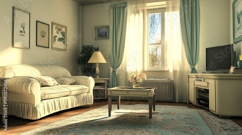 Bright and inviting living room with floral decor, featuring a comfortable sofa and natural light streaming through the windows.