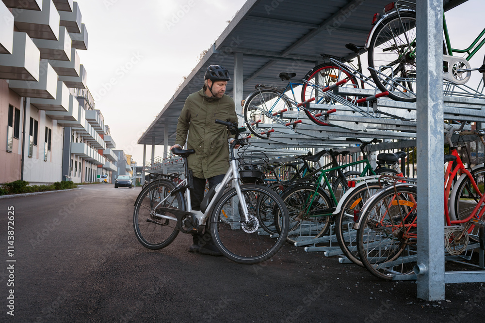 Mature man parking cycle in rack at bicycle parking station Mature man parking cycle in rack at bicycle parking station