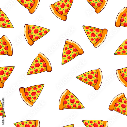 Pizza seamless pattern on white background. Pizza slice with topping motif. Vector illustration