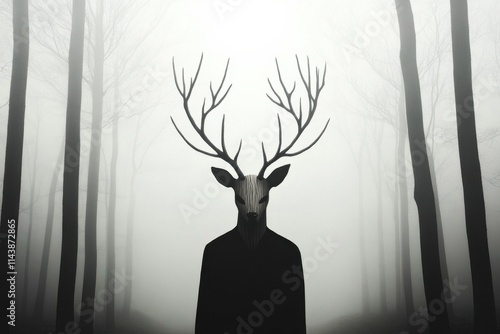 Mysterious Silhouette of a Deer with Antlers in a Misty Forest Creating an Enigmatic and Atmospheric Scene for Artistic and Creative Projects photo