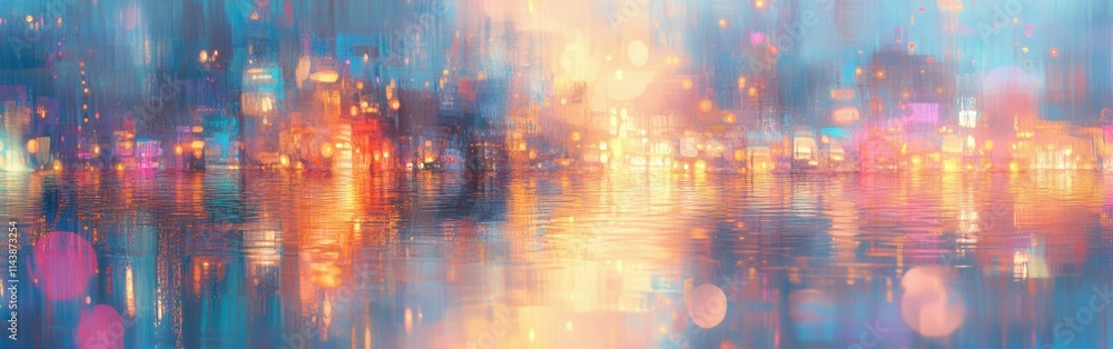Reflections of vibrant city lights shimmering on tranquil water surface during a peaceful evening Reflections of vibrant city lights shimmering on tranquil water surface during a peaceful evening