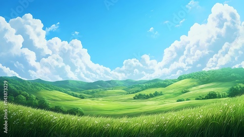 Green hills meadows panorama with blue sky and white clouds in illustration