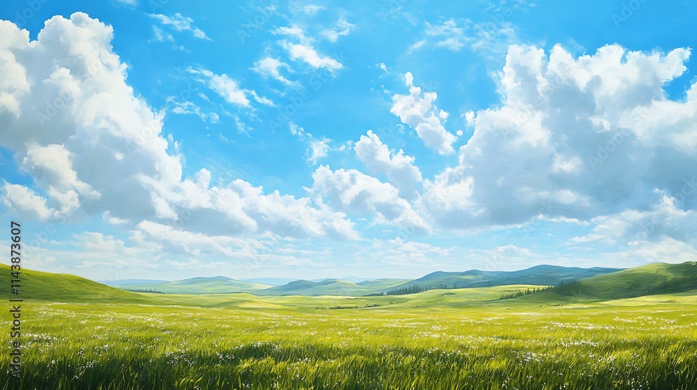 Obraz premium Green hills meadows panorama with blue sky and white clouds in illustration