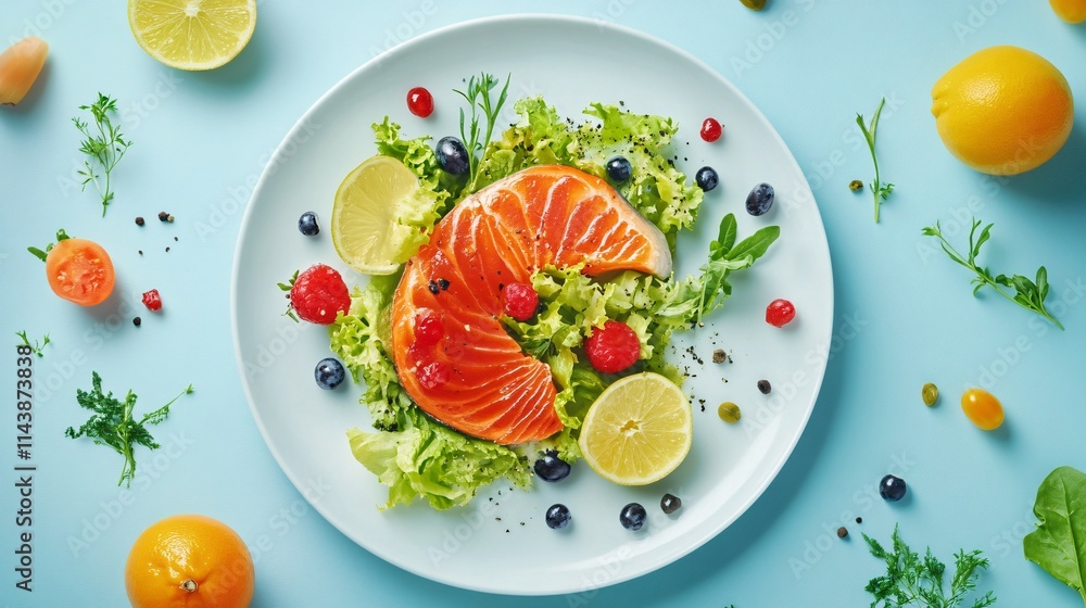 A vibrant salad featuring fresh salmon, mixed greens, and colorful fruits on a light blue background. A vibrant salad featuring fresh salmon, mixed greens, and colorful fruits on a light blue background.