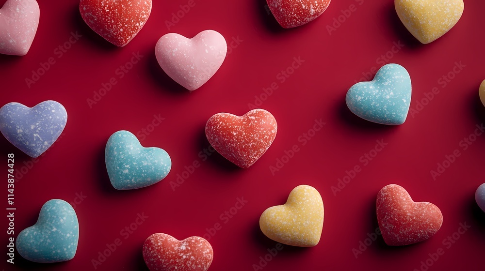 Colorful Heart-Shaped Candy Arranged on a Deep Red Background for Celebratory Occasions and Sweet Treat Inspiration Colorful Heart-Shaped Candy Arranged on a Deep Red Background for Celebratory Occasions and Sweet Treat Inspiration