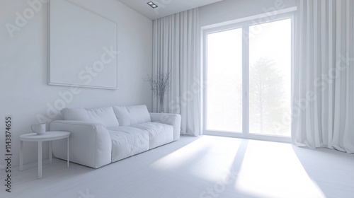 Bright white minimalist living room with a cozy sofa and large windows.