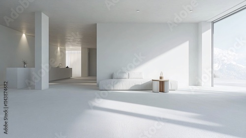 Modern minimalist living room with a sleek white sofa and panoramic mountain view.