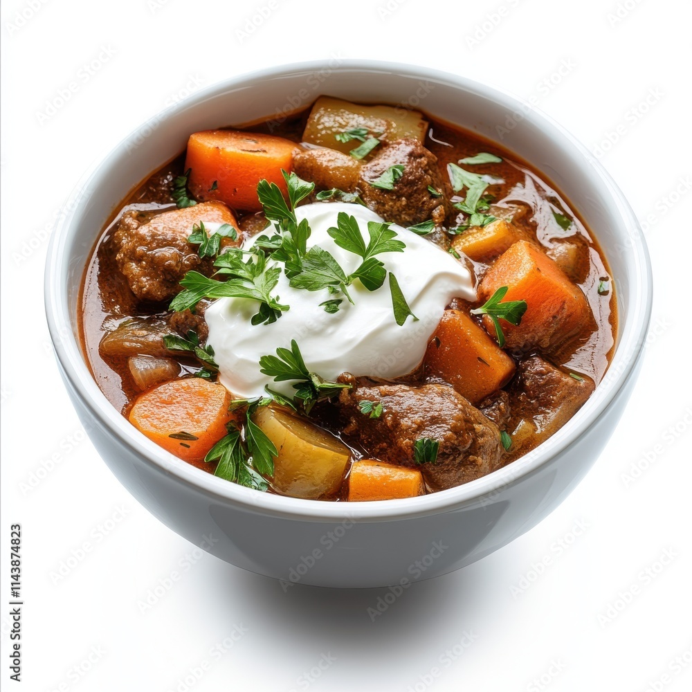Bowl of stew with vegetables and sour cream isolated on white background
