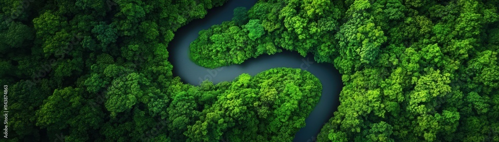 Naklejka premium Lush green trees surround a winding river, illuminated by golden sunlight, showcasing the beauty of nature and serene landscapes.