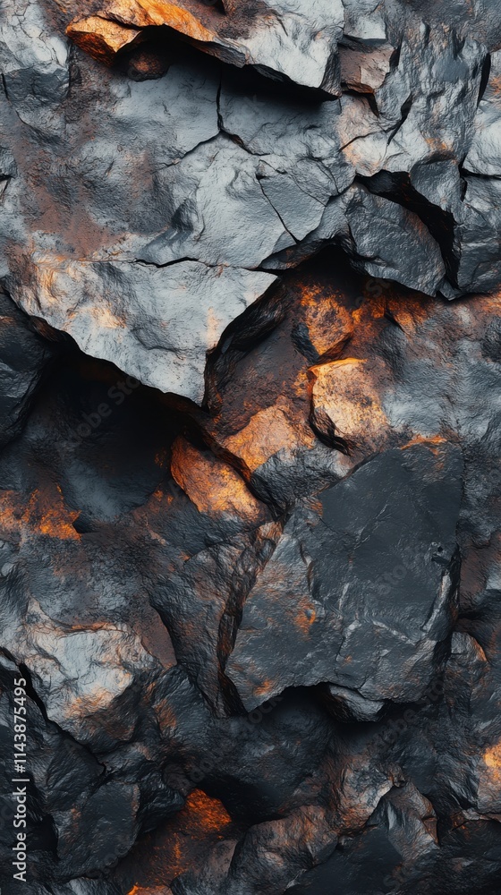 Textured background of volcanic rocks with glowing fissures revealing molten features and dynamic geological patterns Textured background of volcanic rocks with glowing fissures revealing molten features and dynamic geological patterns