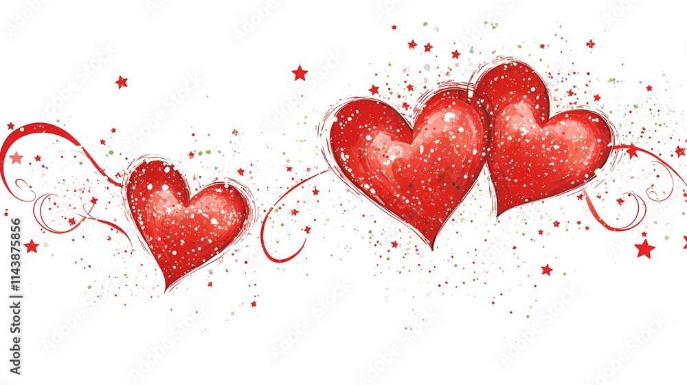Bright Red Hearts with Sparkling Glitter and Swirling Lines on a White Background, Perfect for Valentine's Day and Romantic Themes Bright Red Hearts with Sparkling Glitter and Swirling Lines on a White Background, Perfect for Valentine's Day and Romantic Themes