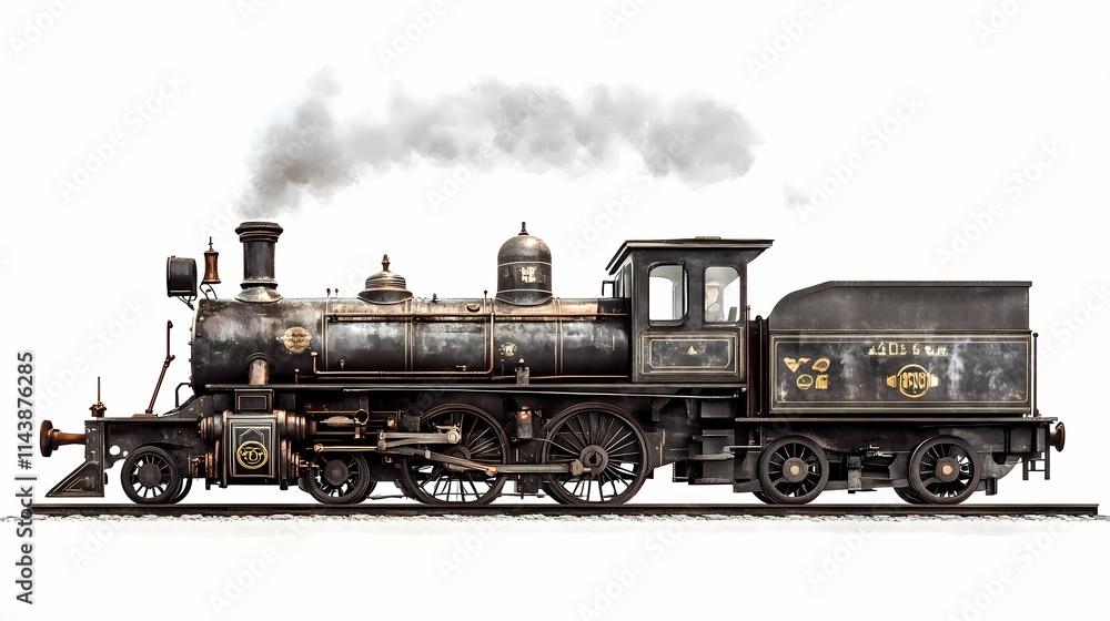 Naklejka premium Vintage Steam Locomotive with Smoke Emitting from the Stack on a White Background, Showcasing Classic Railroad Design and Historic Engineering