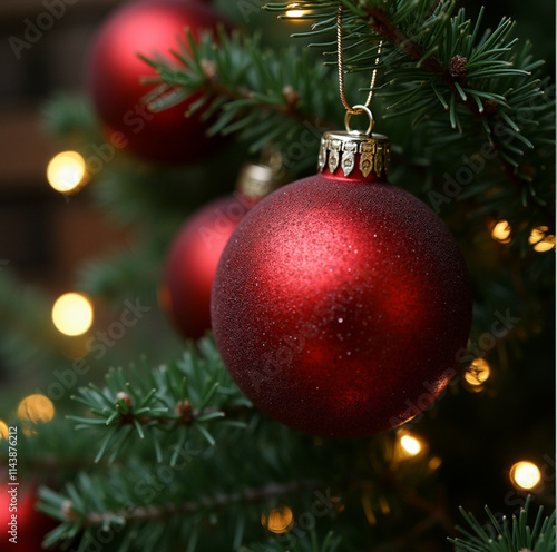 Christmas background - baubles and branch of spruce tree