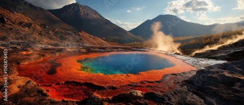 A vibrant landscape featuring a colorful hot spring, surrounded by mountains and clouds, reflecting a stunning blue sky.