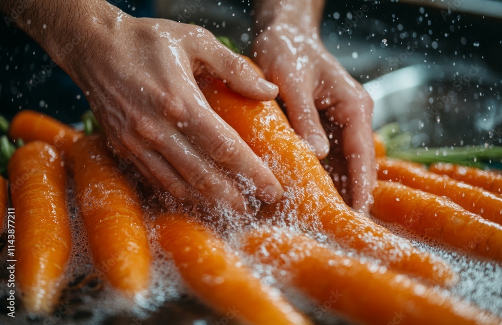 Fototapeta premium Washing fresh carrots by hand on an urban farm