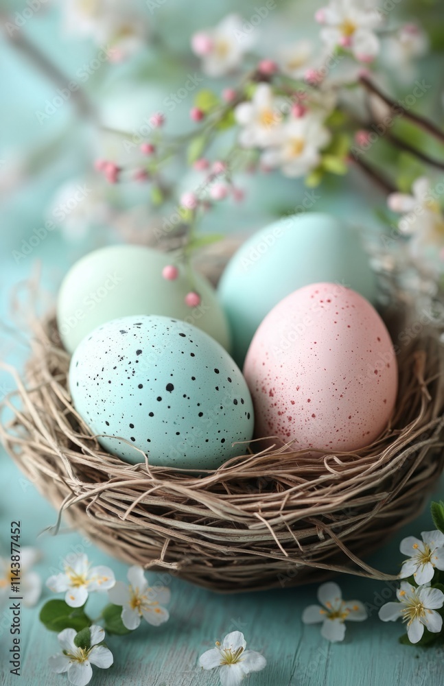 Easter eggs in a basket with pastel colors on a wooden table Easter eggs in a basket with pastel colors on a wooden table