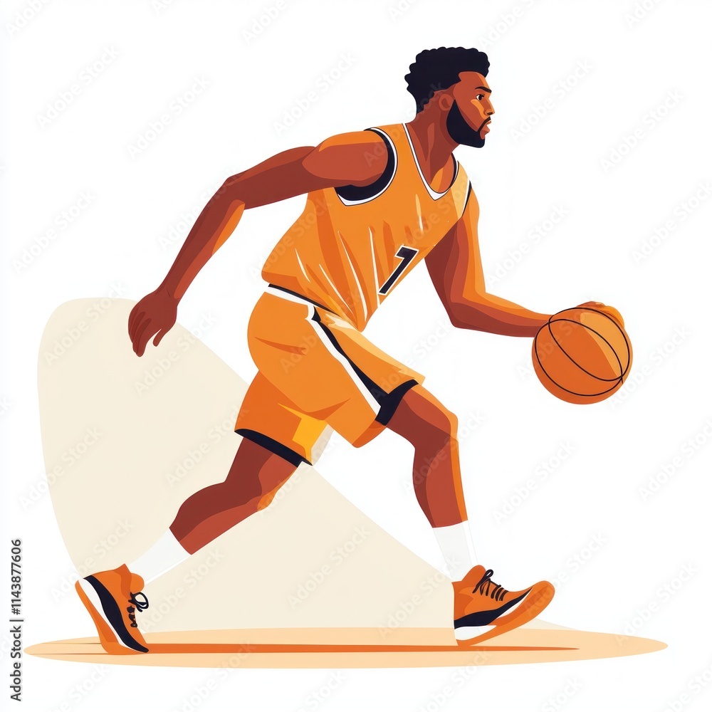 Dynamic Basketball Player in Motion Dribbling a Ball in a Vibrant Jersey, Capturing the Energy and Passion of the Game on a Stylish Background