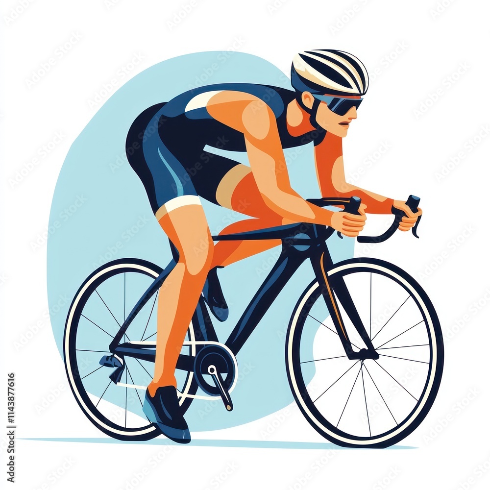 Obraz premium Dynamic Cyclist in Action: A Vibrant Illustration of a Competitive Athlete Riding a Bike on a Blue Background, Perfect for Sports and Fitness Themes