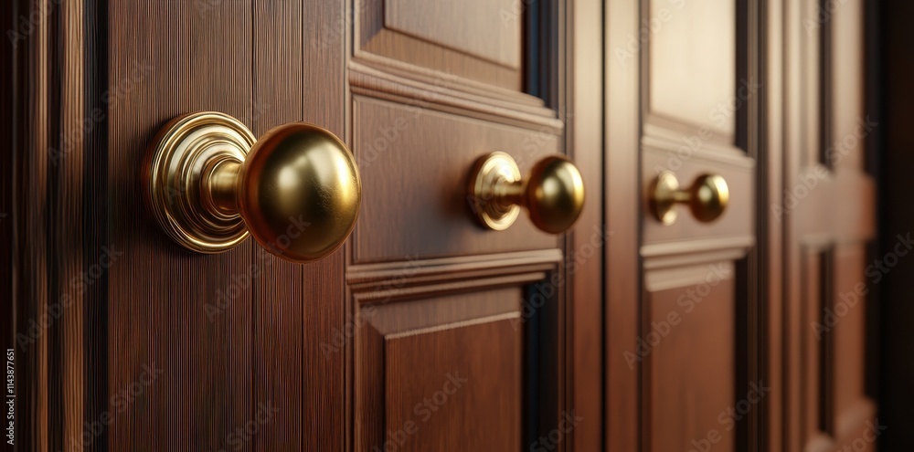 Obraz premium Elegant Close-Up of Polished Brass Doorknobs on a Sleek Wooden Door, Showcasing Timeless Craftsmanship