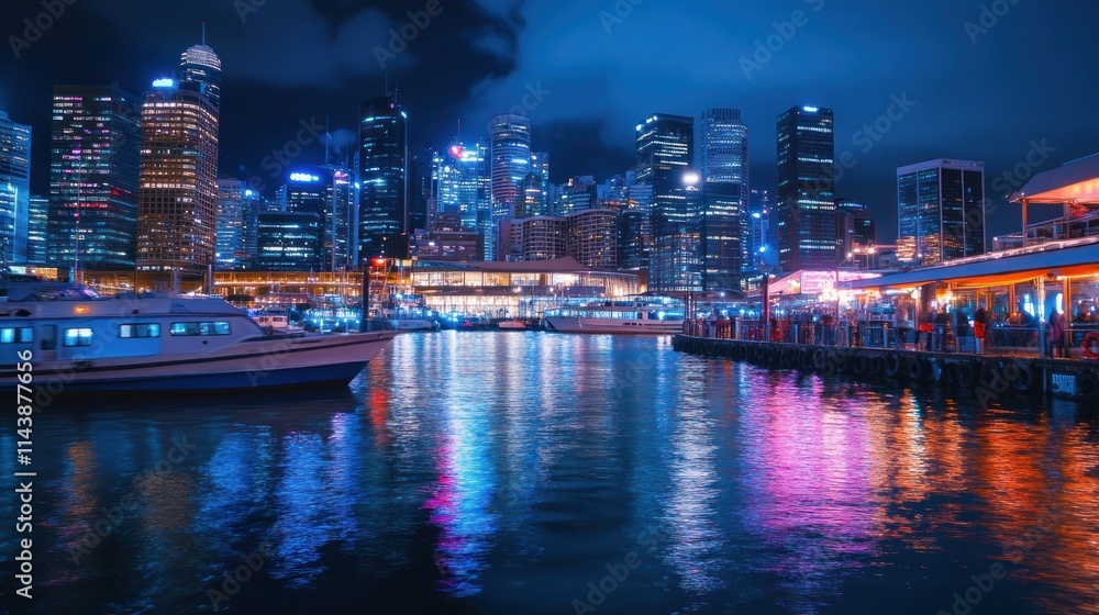 Fototapeta premium Night cityscape, harbor, boats, city lights reflecting on water, skyscrapers, pier, people.