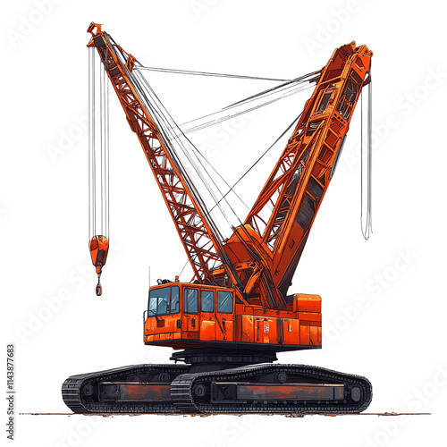 A vibrant orange crawler crane designed for heavy lifting and construction tasks, showcasing its robust features and engineering.,transparent background