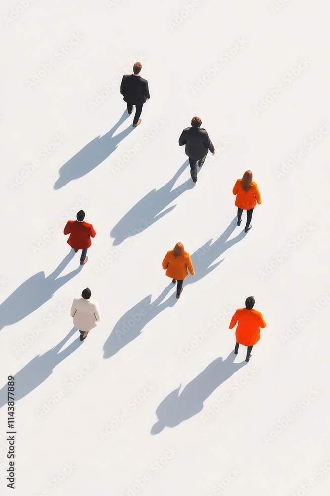 Overhead view of diverse people walking in different directions, casting shadows on a white background.