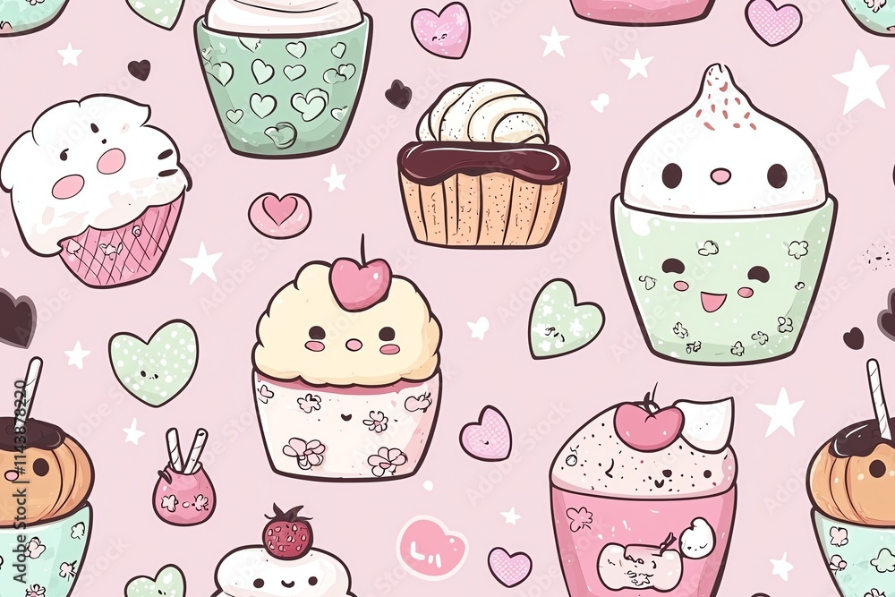 Japanese-inspired kawaii love pattern with cute romantic characters, soft colors, playful design elements Japanese-inspired kawaii love pattern with cute romantic characters, soft colors, playful design elements