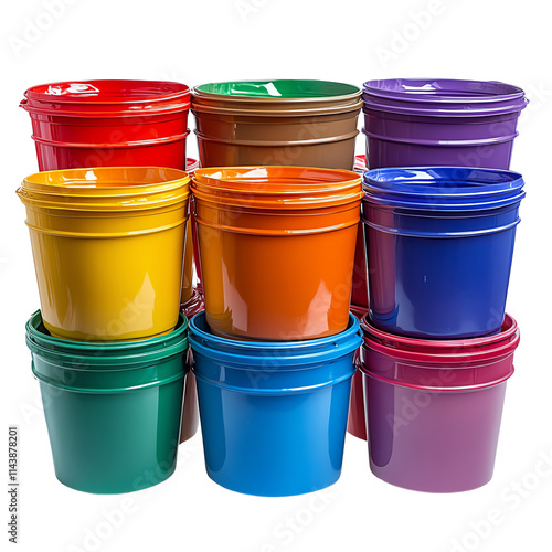 Colorful plastic buckets stacked, perfect for home improvement, painting, or creative projects.,transparent background photo