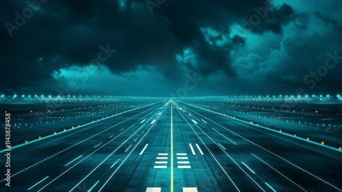 Amazing Futuristic Airport Runway at Night Under Stormy Skies