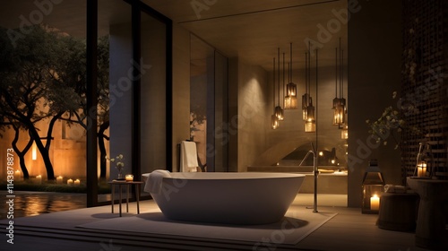 Luxurious spa like bathroom interior featuring a large freestanding bathtub surrounded by calming candle lighting creating a serene and indulgent atmosphere for relaxation and self care photo