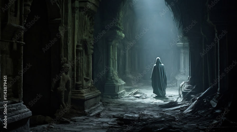 A spectral ghostly figure silhouetted against the moody atmospheric light as it walks through the eerie abandoned corridor of an ancient medieval castle The scene has a dark A spectral ghostly figure silhouetted against the moody atmospheric light as it walks through the eerie abandoned corridor of an ancient medieval castle The scene has a dark