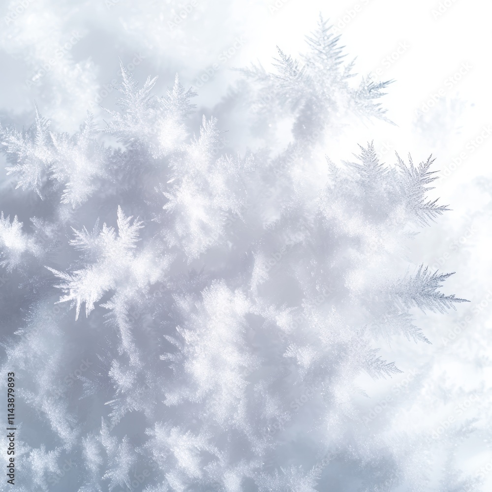 Obraz premium A close-up view of delicate frost crystals on a white surface, showcasing intricate patterns and a serene winter ambiance.