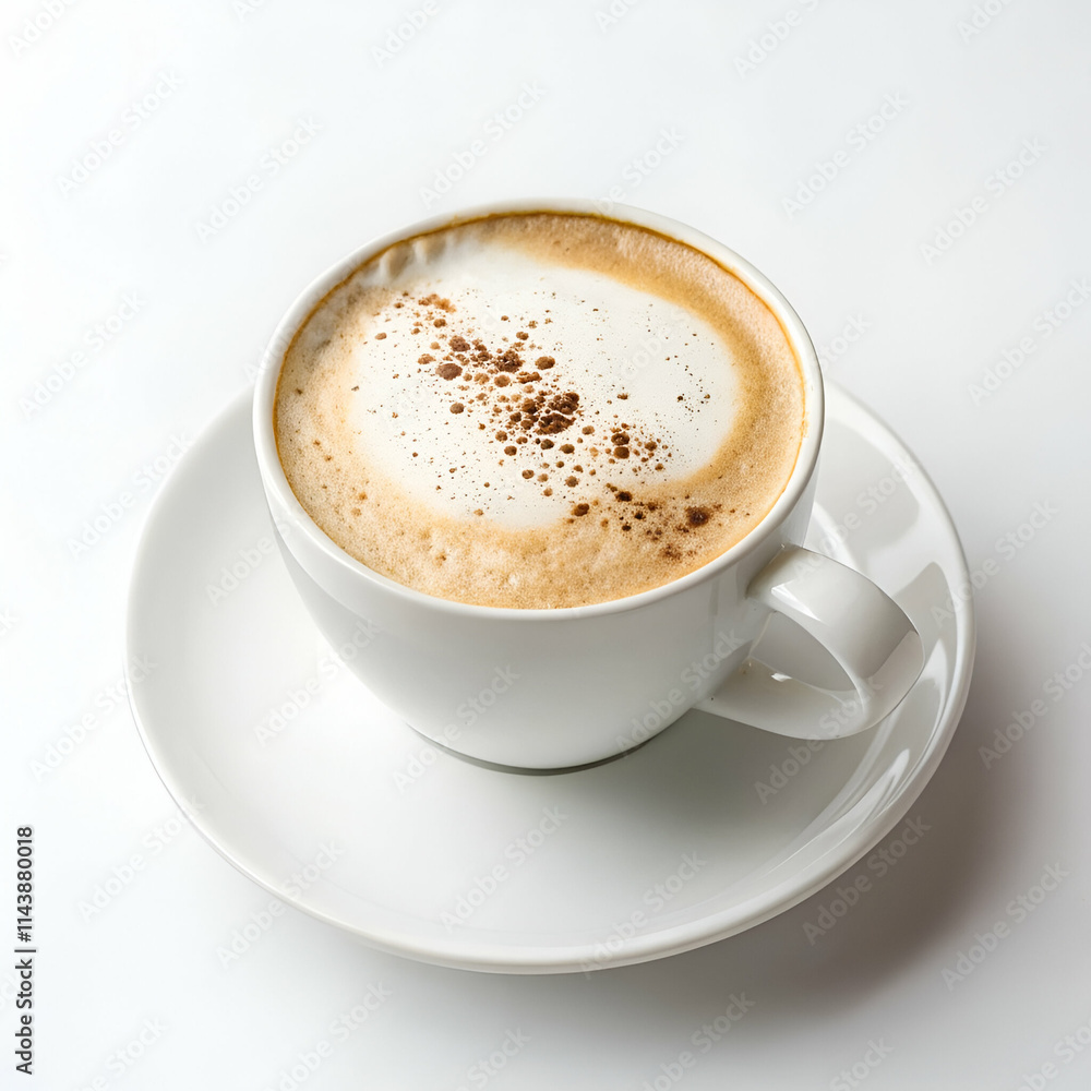 A cup of cappuccino on a white background, ideal for coffee lovers and minimalist design themes A cup of cappuccino on a white background, ideal for coffee lovers and minimalist design themes