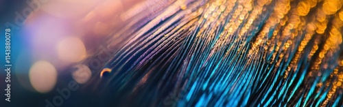 Intricate details of a peacock feather showcasing vibrant colors and unique textures in a close-up view photo