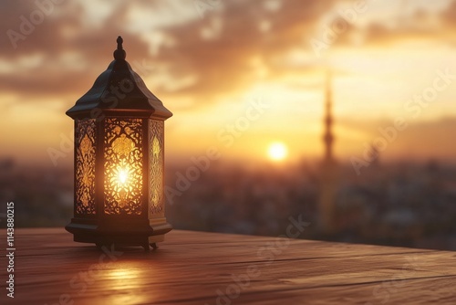 lantern on the wood table with copyspace photo