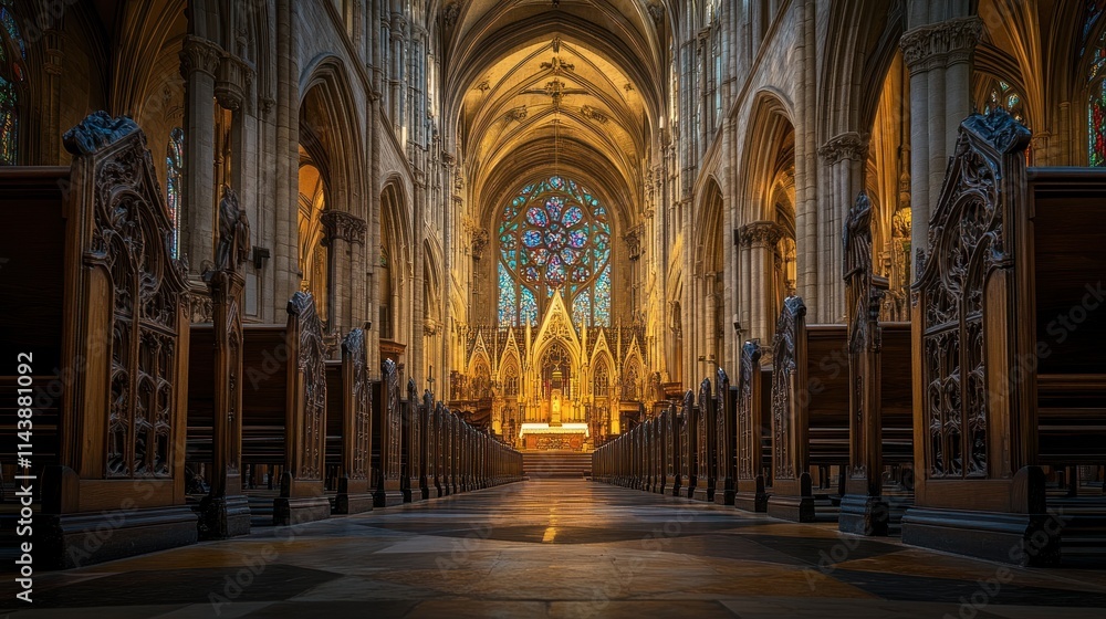 Majestic church interior with stained glass window, pews, and altar. Majestic church interior with stained glass window, pews, and altar.