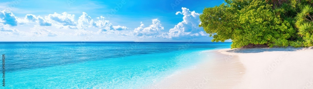 Fototapeta premium A stunning beach scene with crystal-clear turquoise water, white sandy shores, and lush palm trees under a bright blue sky.