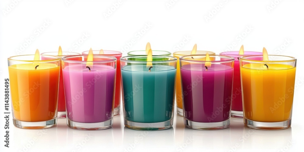 Collection set of scented candles in colorful glasses isolated on white background Collection set of scented candles in colorful glasses isolated on white background